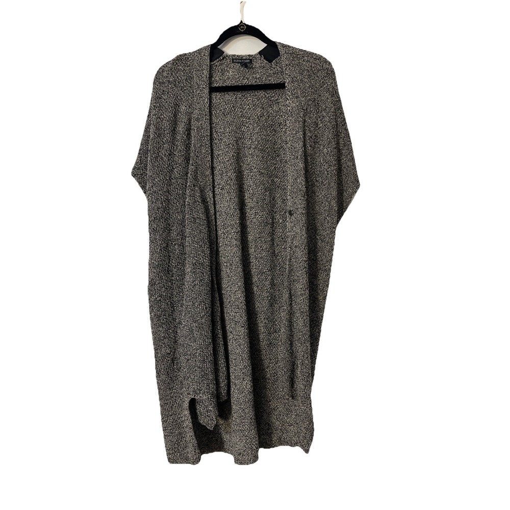 Eileen Fisher Organic Linen Wool Open Front Long Cardigan Vest Sz XL Black White